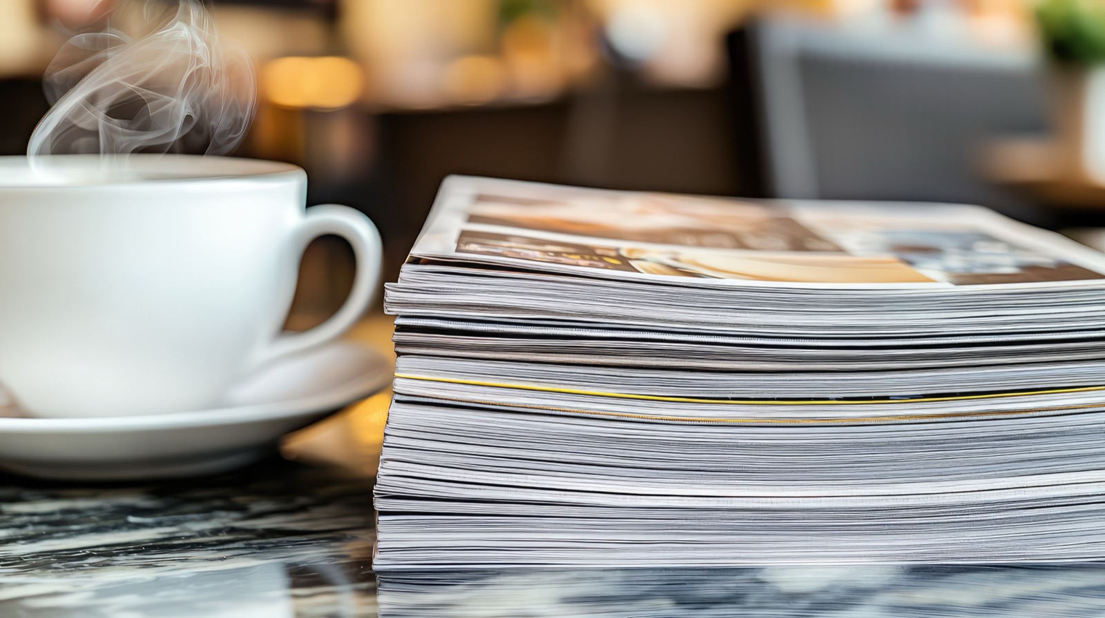 A stack of printed magazines on a table beside a cup of coffee